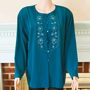 S.G. Sport Vtg Embroidered Top XL Blue Button Up Long Sleeve Blouse Made in USA